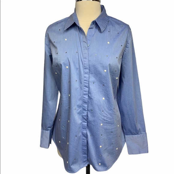 7th Avenue New York & Company Blue Button Pearl Long Sleeve Shirt - Picture 1 of 13